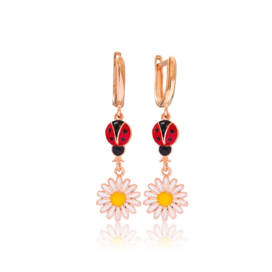 Ladybug And Daisy Flower Dangle 925 Silver Earrings | 925 Sterling Silver Wholesale | Sade Silver Ladybug And Daisy Flower Dangle 925 Silver Earrings - Sade 925 Silver Jewelry