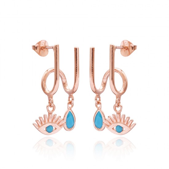 Turquoise Eye and Drop Design Two in One Earrings Wholesale Turkish 925 Sterling Silver Jewelry Turquoise Eye and Drop Design Two in One Earrings Wholesale Turkish 925 Sterling Silver Jewelry