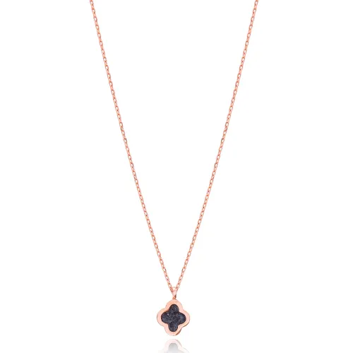 Mother Of Pearl Black Enamel Clover 925 Silver Necklace