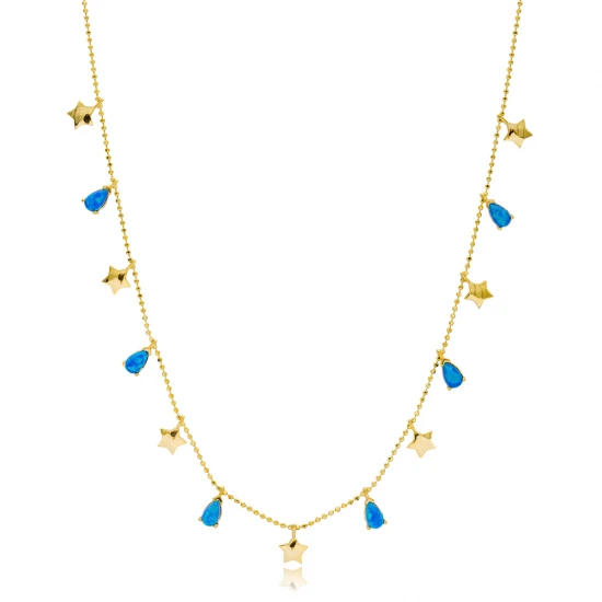 Opal Drop And Star 925 Sterling Silver Necklace | 925 Sterling Silver Wholesale | Sade Silver Opal Drop And Star 925 Sterling Silver Necklace - Sade 925 Silver Jewelry