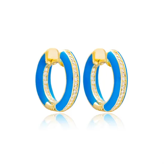 Blue Enamel Zircon Stone Hoop Earrings Turkish Wholesale 925 Sterling Silver Jewelry Blue Enamel Zircon Stone Hoop Earrings Turkish Wholesale 925 Sterling Silver Jewelry