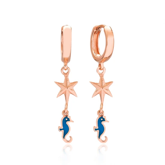 Seahorse And North Star Dangle Sterling Silver Earrings | 925 Sterling Silver Wholesale | Sade Silver Seahorse And North Star Dangle Sterling Silver Earrings - Sade 925 Silver Jewelry