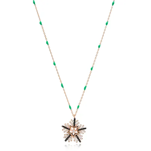 Dainty CZ Snowflake Green Enamel Chain Silver Necklace