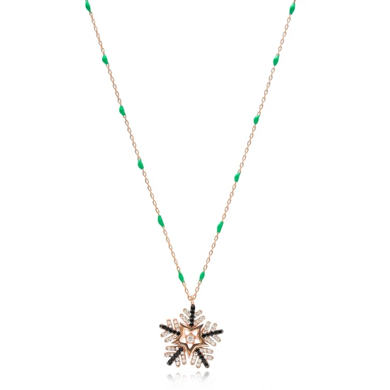 Dainty CZ Snowflake Green Enamel Chain Silver Necklace