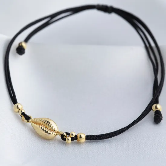 Black Cord Cowrie Shell 14 by 6mm 925 Silver Bracelet Black Cord Cowrie Shell 14 by 6mm 925 Silver Bracelet