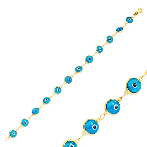 8mm Sized Turquoise Evil Eye Thin 925 Silver Bracelet