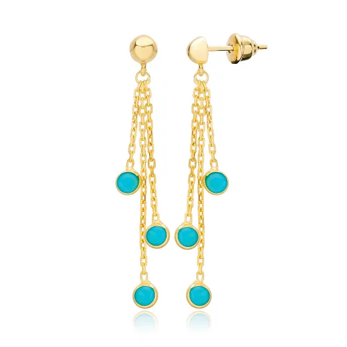 Round Long Turquoise 925 Sterling Silver Earrings
