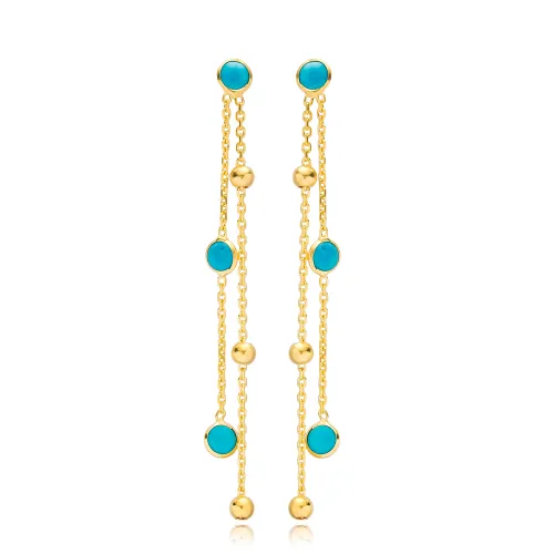 Turquoise Round Long 925 Sterling Silver Earrings