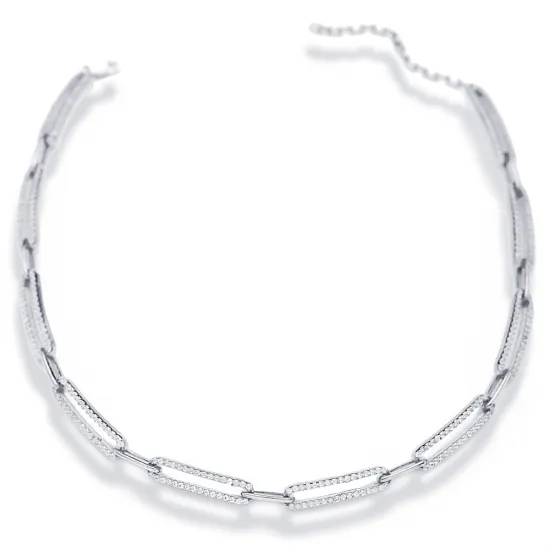 Clear Paperclip Link Chain CZ Sterling Silver Necklace