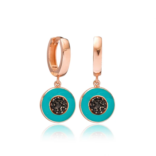 Round Black CZ Blue Enamel Dangle 925 Silver Earrings