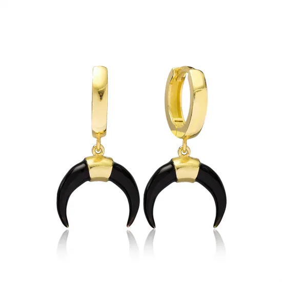 Horn Black Enamel Dangle 925 Sterling Silver Earrings Horn Black Enamel Dangle 925 Sterling Silver Earrings