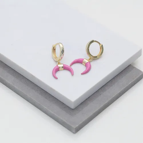 Horn Pink Enamel Dangle 925 Sterling Silver Earrings