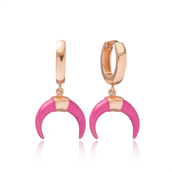 Horn Pink Enamel Dangle 925 Sterling Silver Earrings