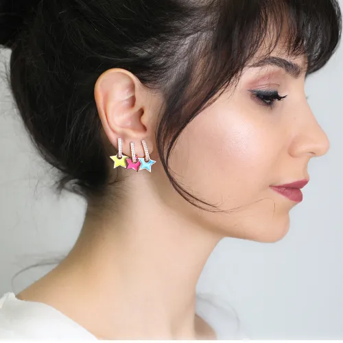 Magenta Enamel Star Dangle 925 Sterling Silver Earrings