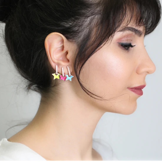Magenta Enamel Star Dangle 925 Sterling Silver Earrings