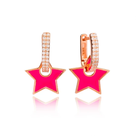 Magenta Enamel Star Dangle 925 Sterling Silver Earrings