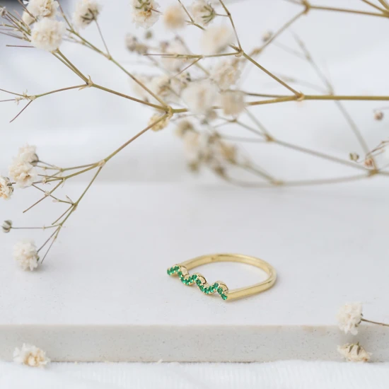 Wave Style Emerald Beaded 925 Sterling Silver Ring