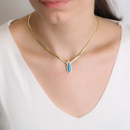 Turquoise Drop Zircon Stone Curb Chain Necklace Wholesale Turkish 925 Sterling Silver Jewelry Turquoise Drop Zircon Stone Curb Chain Necklace Wholesale Turkish 925 Sterling Silver Jewelry