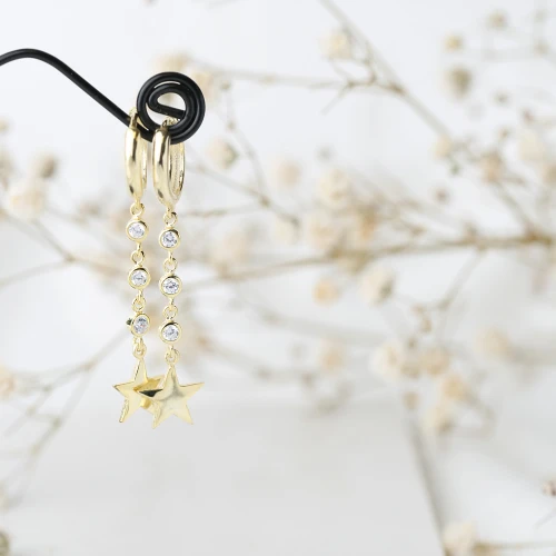 Gold Star CZ Dangle 925 Sterling Silver Earrings