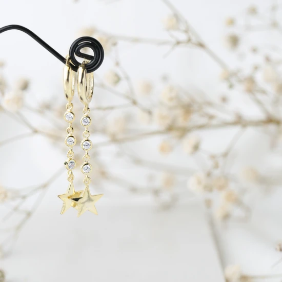 Gold Star CZ Dangle 925 Sterling Silver Earrings