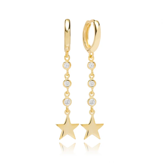 Gold Star CZ Dangle 925 Sterling Silver Earrings