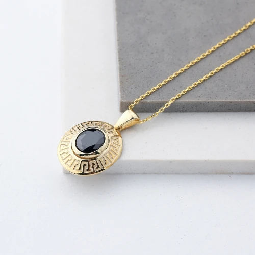 Geometric Ornament Oval Onyx Sterling Silver Pendant