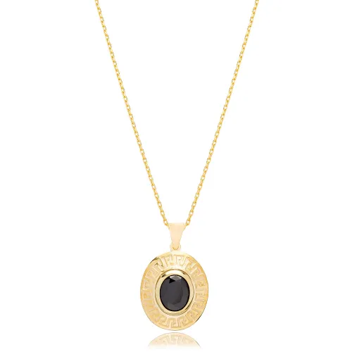 Geometric Ornament Oval Onyx Sterling Silver Pendant