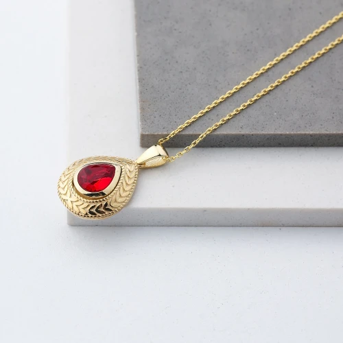 Drop Shape Leaf Ornament Ruby Sterling Silver Pendant