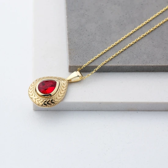 Drop Shape Leaf Ornament Ruby Sterling Silver Pendant