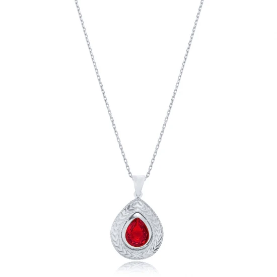 Drop Shape Leaf Ornament Ruby Sterling Silver Pendant