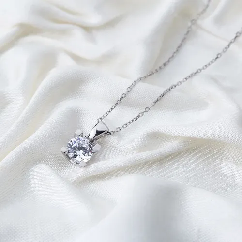 Solitaire Four Square Claw CZ Sterling Silver Pendant