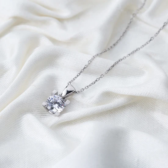 Solitaire Four Square Claw CZ Sterling Silver Pendant
