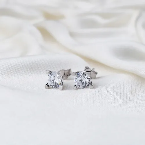 Solitaire Four Square Claw CZ Sterling Silver Earrings