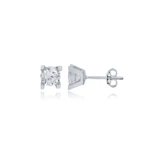 Solitaire Four Square Claw CZ Sterling Silver Earrings