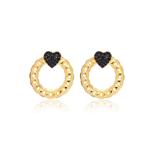 Black Zircon Heart Chain Stud Earrings