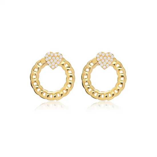 Zircon Heart Chain Hollow Stud Earrings Zircon Heart Chain Hollow Stud Earrings