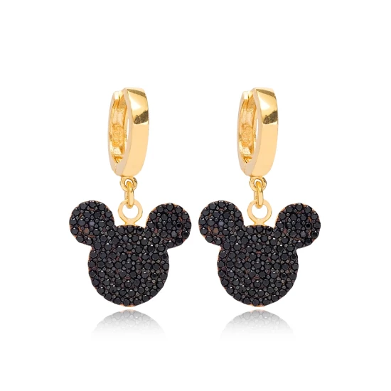 Black CZ Mouse Dangle 925 Sterling Silver Earrings | 925 Sterling Silver Wholesale | Sade Silver Black CZ Mouse Dangle 925 Sterling Silver Earrings - Sade 925 Silver Jewelry