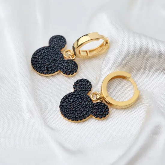 Black CZ Mouse Dangle 925 Sterling Silver Earrings