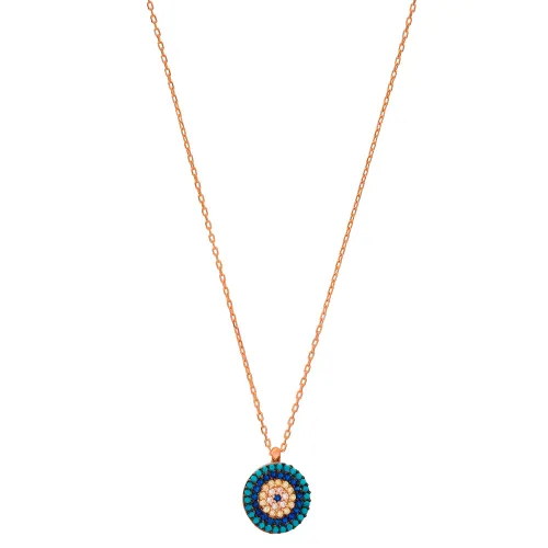 Turquoise Evil Eye Round Disc Sterling Silver Necklace