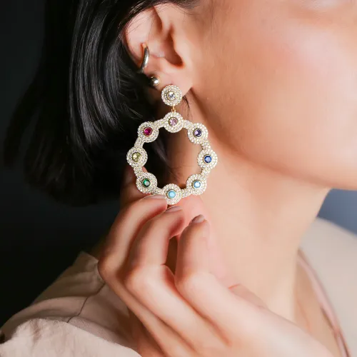 Colorful Flower Round Long 925 Sterling Silver Earrings
