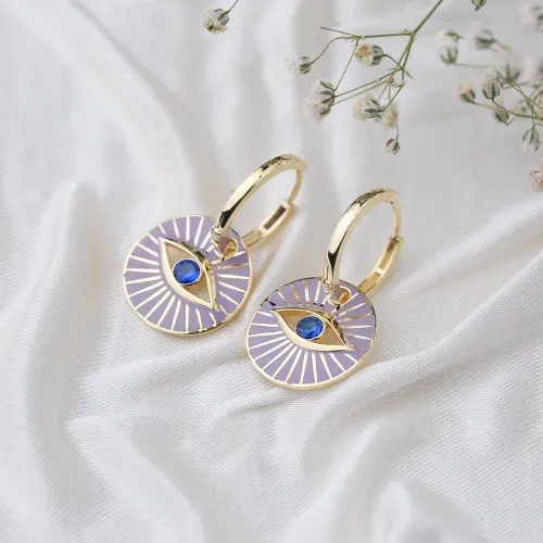 Purple Enamel Evil Eye Design Earrings Turkish Wholesale 925 Sterling Silver Jewelry