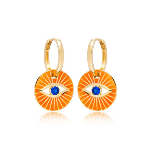 Orange Enamel Evil Eye Design Earrings Turkish Wholesale 925 Sterling Silver Jewelry