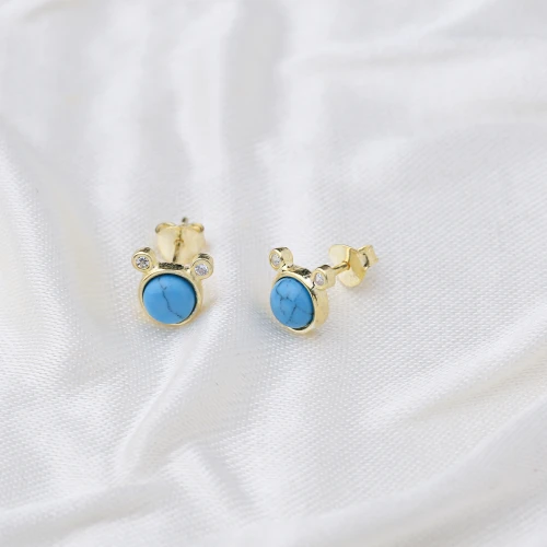 Round Turquoise And Double CZ Sterling Silver Earrings