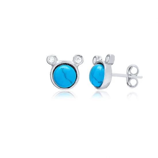 Round Turquoise And Double CZ Sterling Silver Earrings Round Turquoise And Double CZ Sterling Silver Earrings