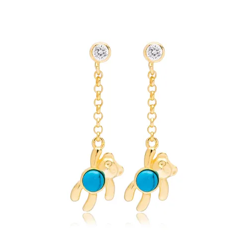 Bear Turquoise 31mm Length 925 Sterling Silver Earrings