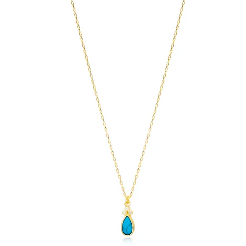 Turquoise Drop Shape Three Zircon Stone Detailed Charm Necklace Wholesale Turkish 925 Sterling Silver Jewelry