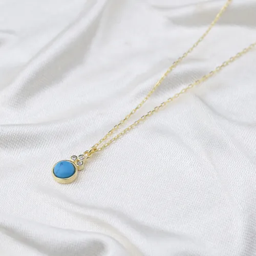 Turquoise Round Shape Three Zircon Detailed Stone Gold Plated Charm Necklace  925 Sterling Silver Jewelry