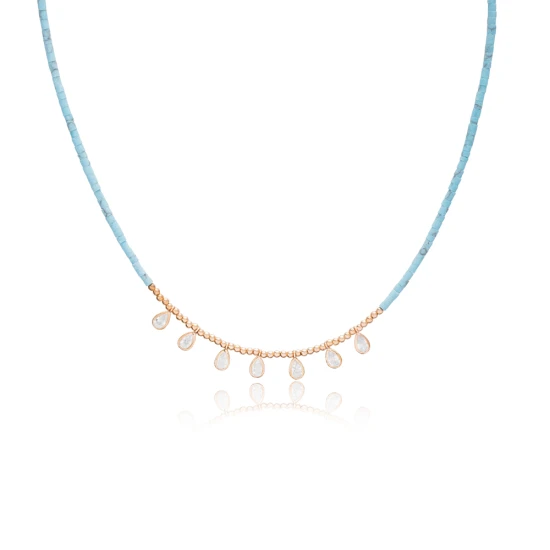 Drop CZ And Turquoise Afghan Beaded 925 Silver Necklace - Sade 925 Silver Jewelry