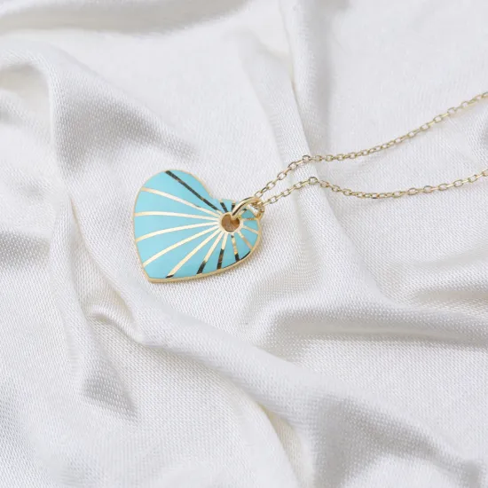 Heart Shape Turquoise  Enamel Pendant Handcrafted Turkish 925 Sterling Silver Jewelry