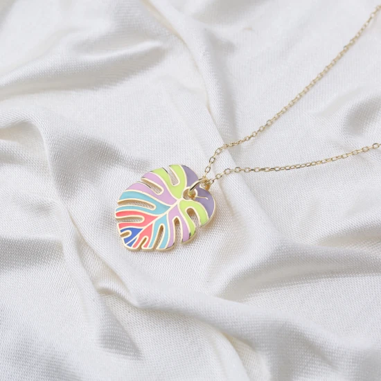 Rainbow Enamel Palm Leaf Shape Sterling Silver Necklace
